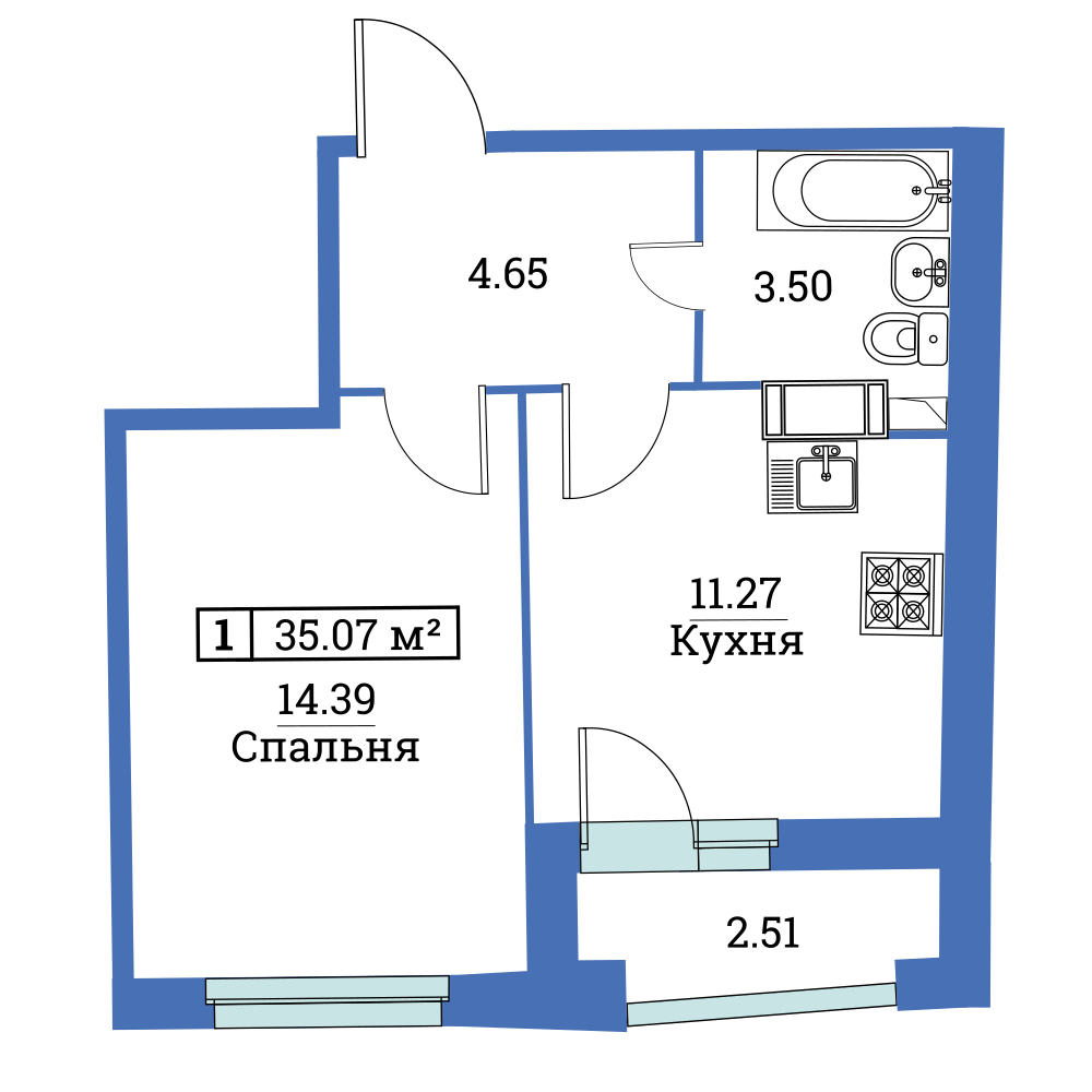 1-комнатная, 35 м² — ЖК ЖК «Авиатор (Aviator)»