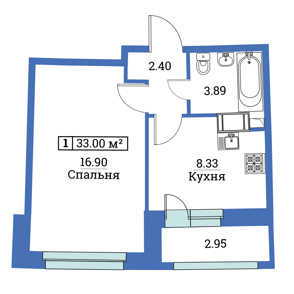 1-комнатная, 33 м² — ЖК ЖК «Авиатор (Aviator)»
