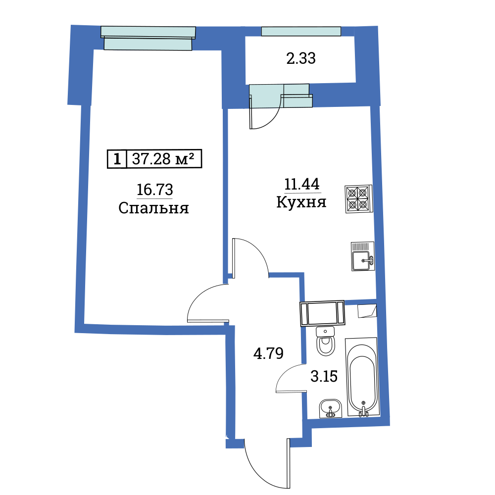 1-комнатная, 37 м² — ЖК ЖК «Авиатор (Aviator)»
