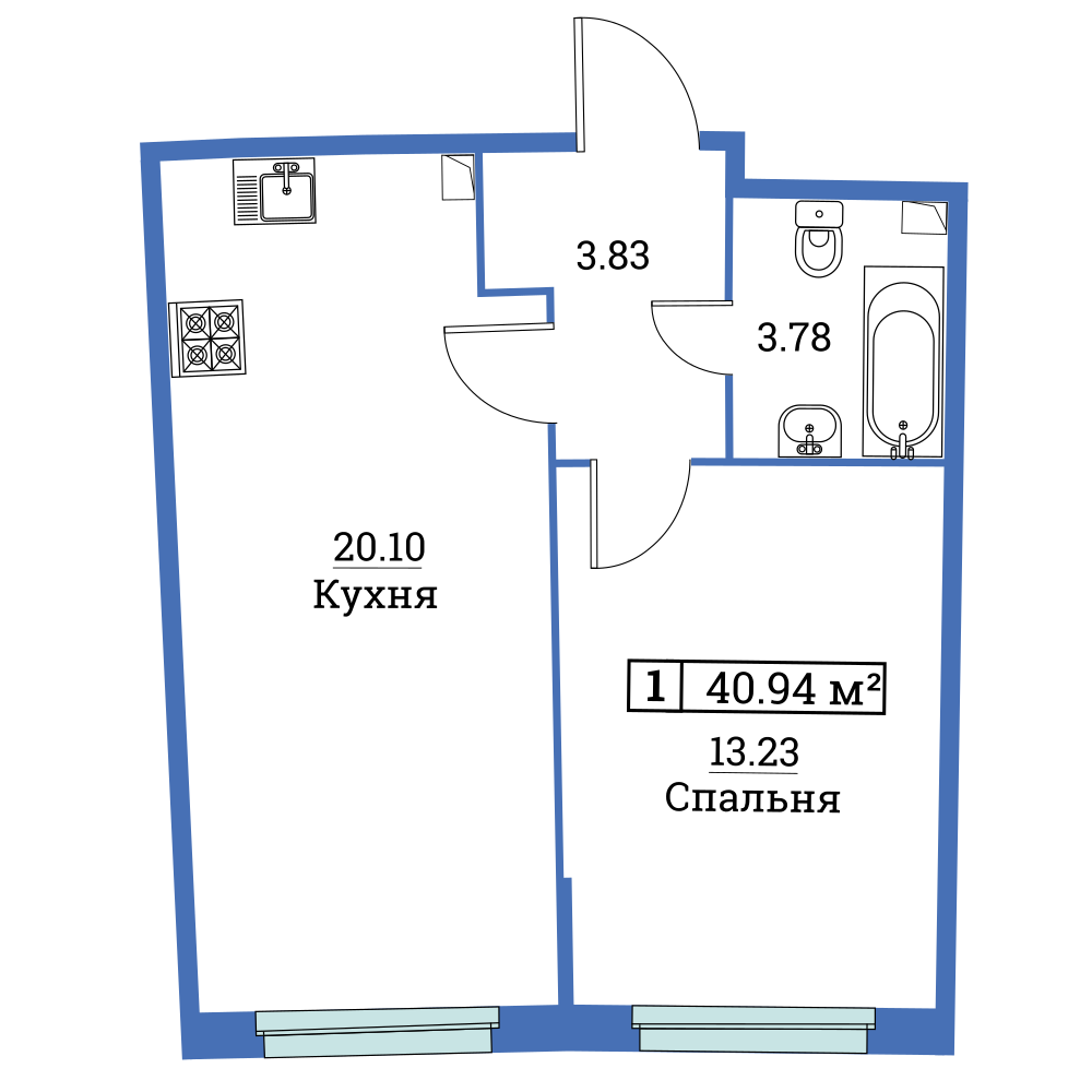 1-комнатная, 41 м² — ЖК ЖК «Авиатор (Aviator)»