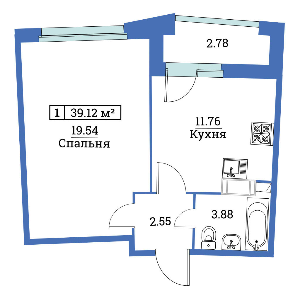 1-комнатная, 39 м² — ЖК ЖК «Авиатор (Aviator)»