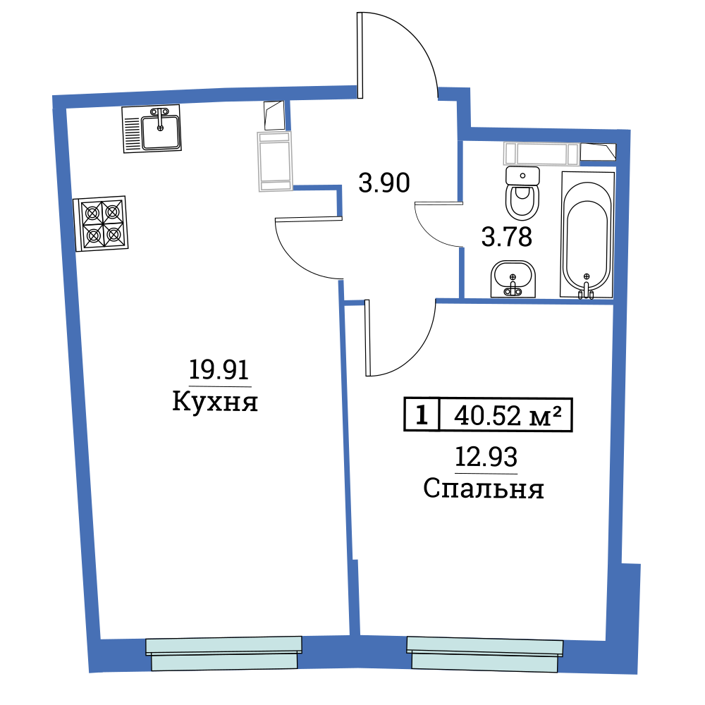 1-комнатная, 41 м² — ЖК ЖК «Авиатор (Aviator)»