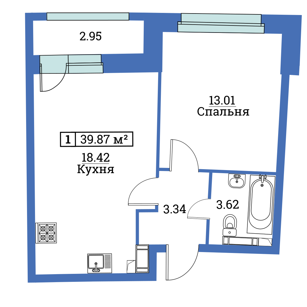 1-комнатная, 40 м² — ЖК ЖК «Авиатор (Aviator)»