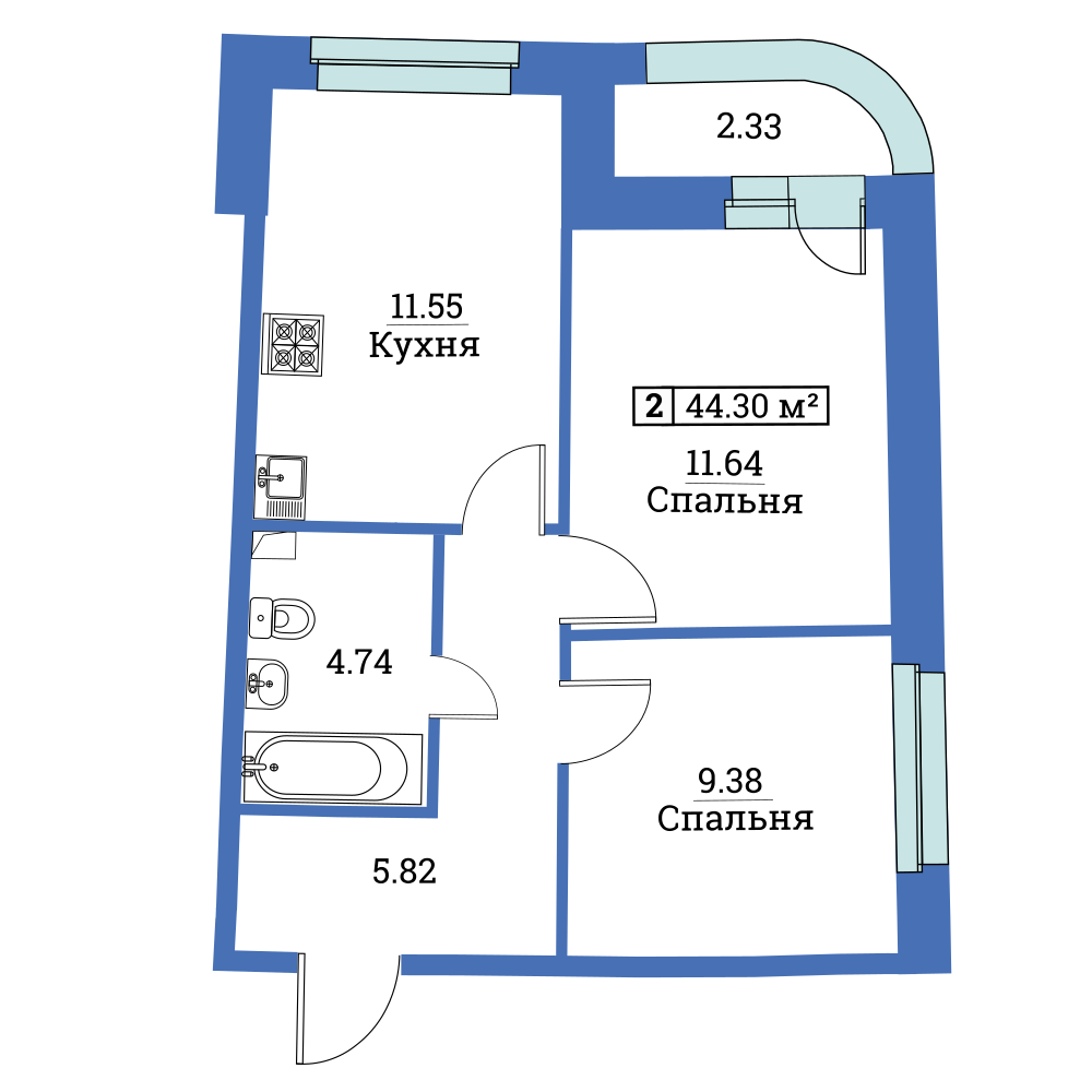 2-комнатная, 44 м² — ЖК ЖК «Авиатор (Aviator)»