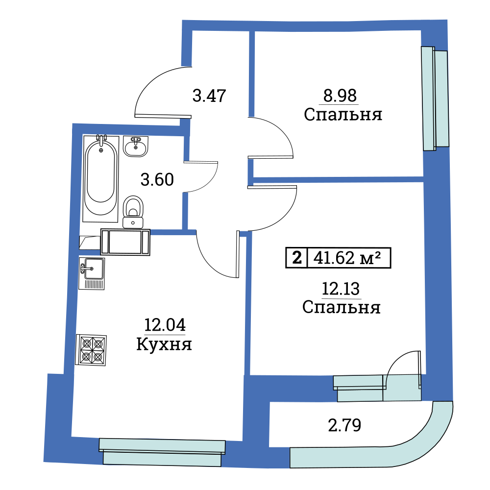 2-комнатная, 42 м² — ЖК ЖК «Авиатор (Aviator)»