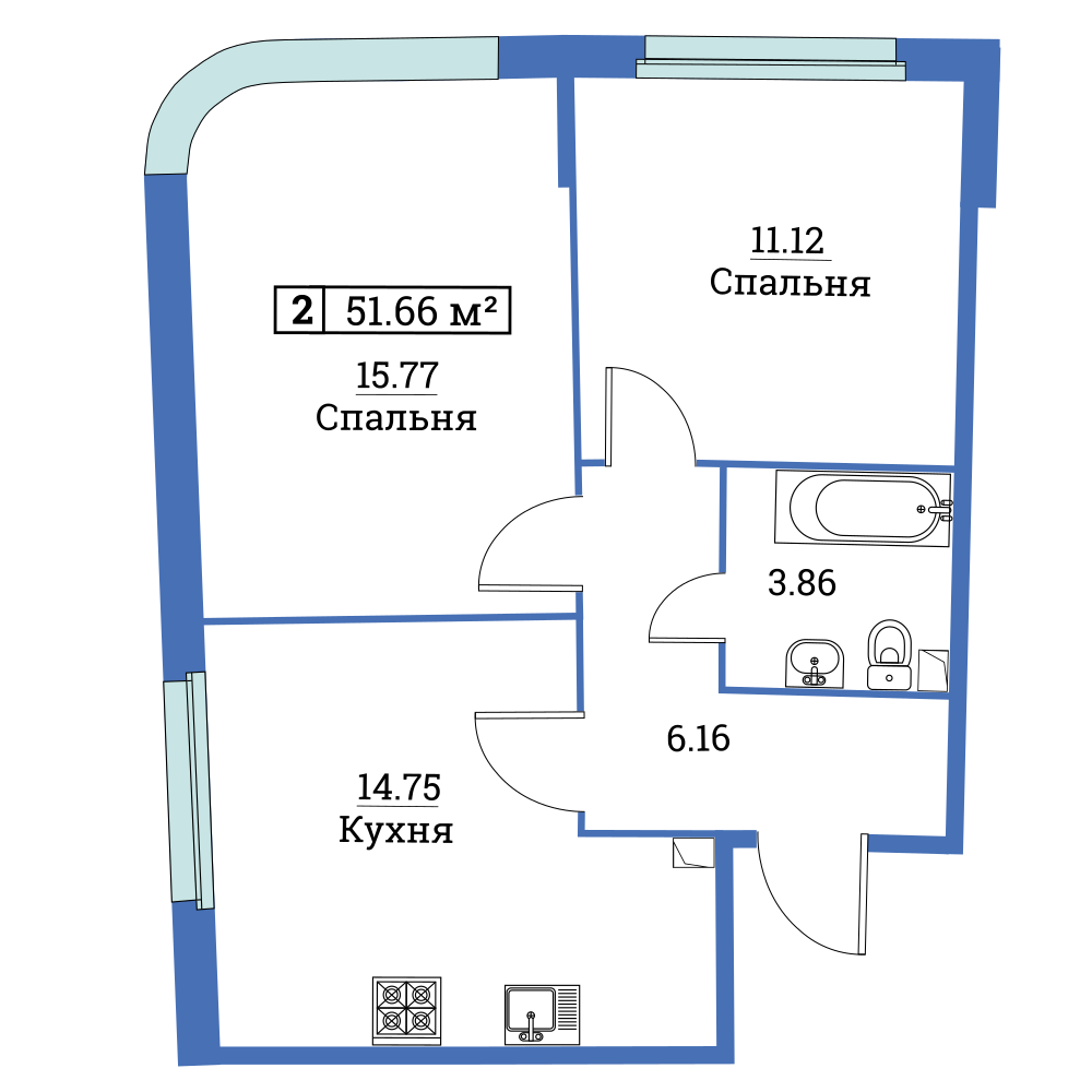 2-комнатная, 52 м² — ЖК ЖК «Авиатор (Aviator)»