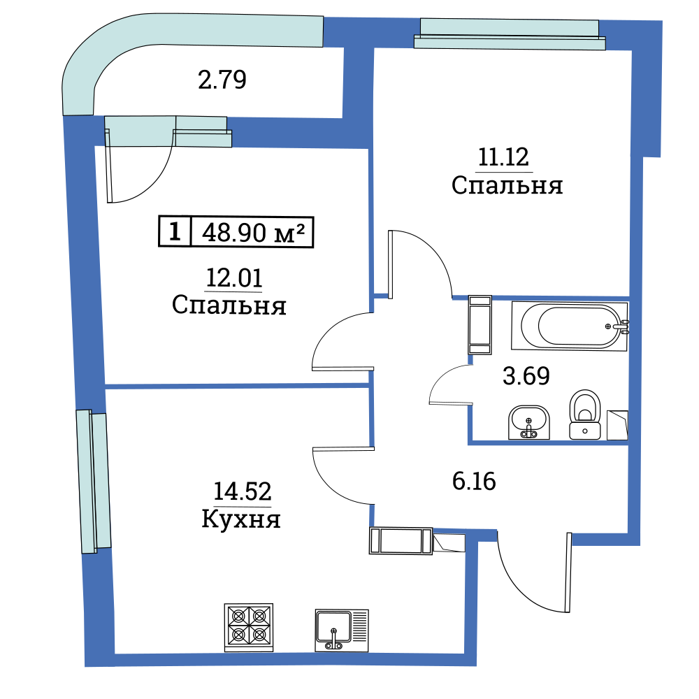 2-комнатная, 49 м² — ЖК ЖК «Авиатор (Aviator)»