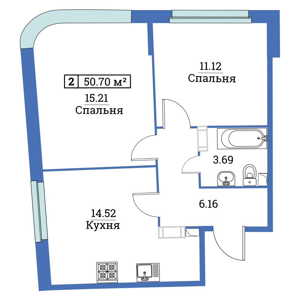 2-комнатная, 51 м² — ЖК ЖК «Авиатор (Aviator)»