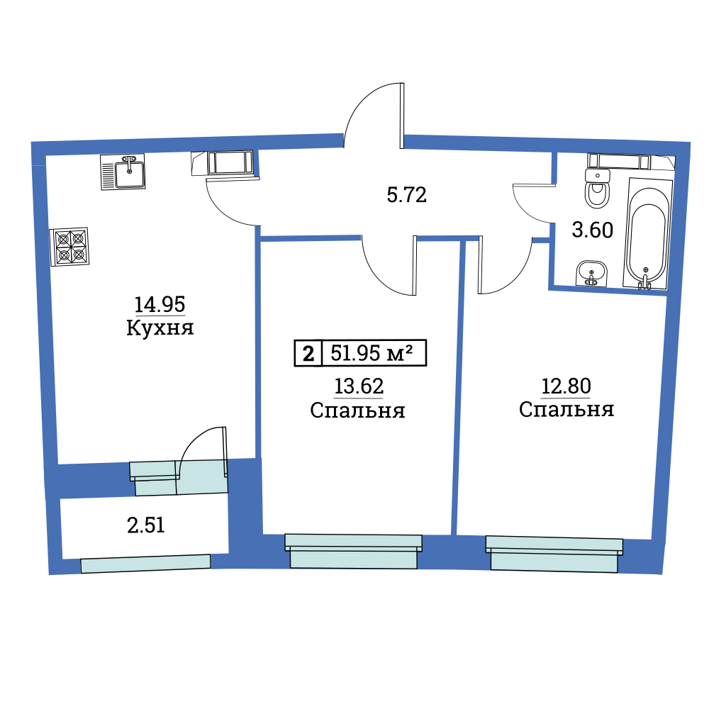 2-комнатная, 52 м² — ЖК ЖК «Авиатор (Aviator)»