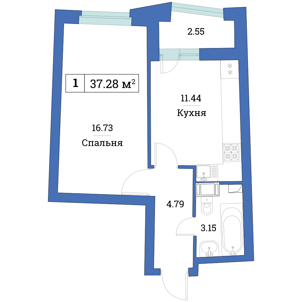 1-комнатная, 37 м² — ЖК ЖК «Авиатор (Aviator)»