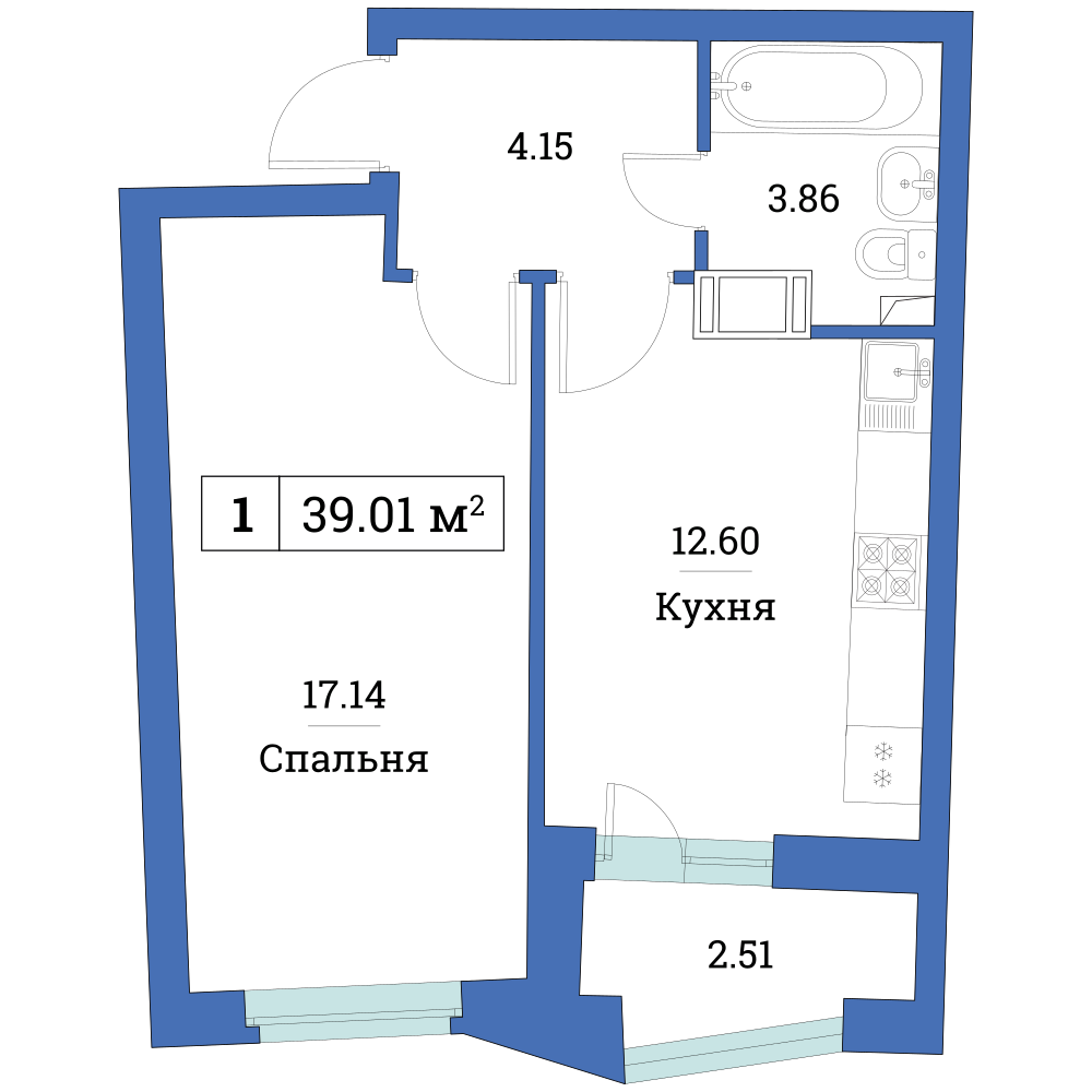 1-комнатная, 39 м² — ЖК ЖК «Авиатор (Aviator)»