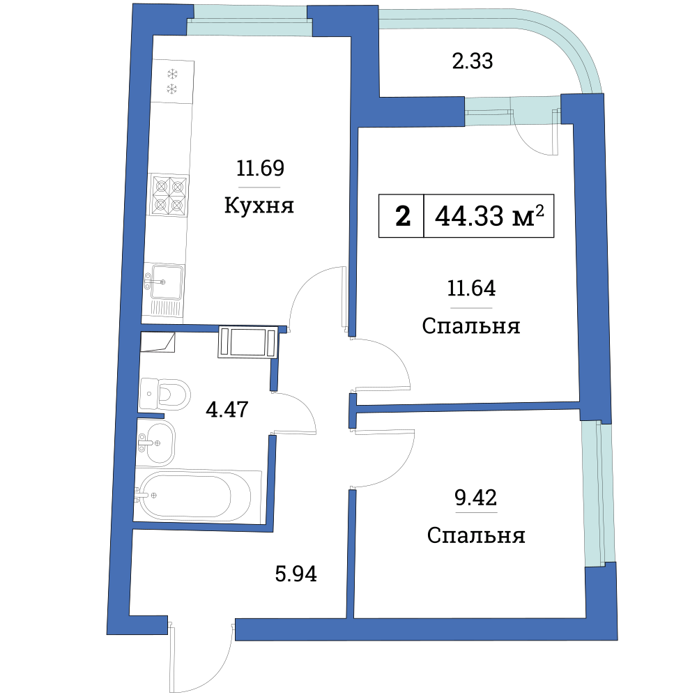 2-комнатная, 44 м² — ЖК ЖК «Авиатор (Aviator)»