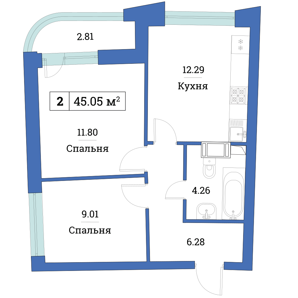2-комнатная, 45 м² — ЖК ЖК «Авиатор (Aviator)»