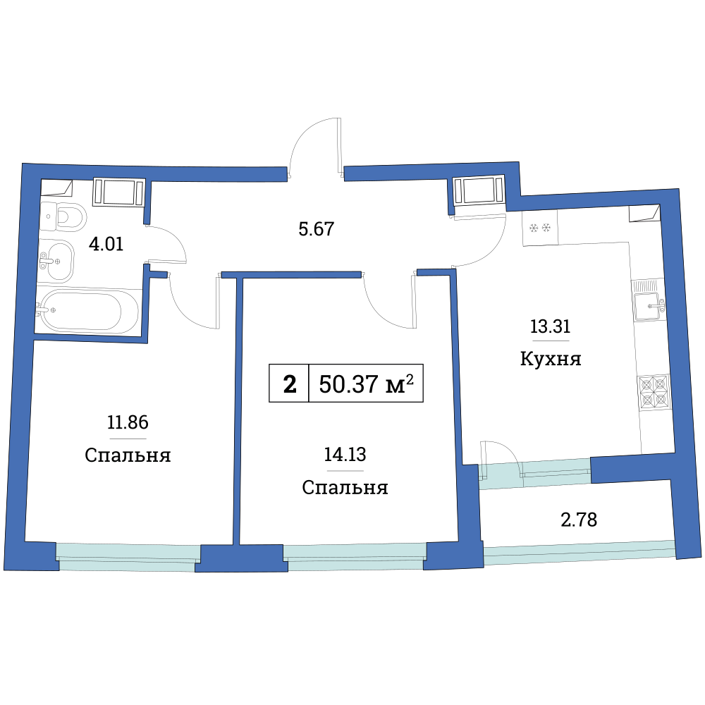 2-комнатная, 50 м² — ЖК ЖК «Авиатор (Aviator)»