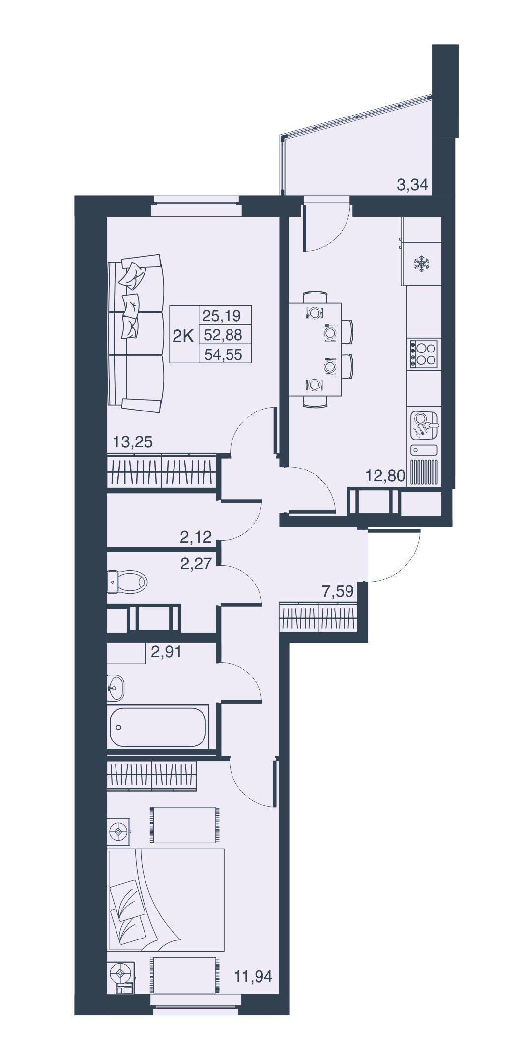 2-комнатная, 53 м² — ЖК ЖК Мурино Парк