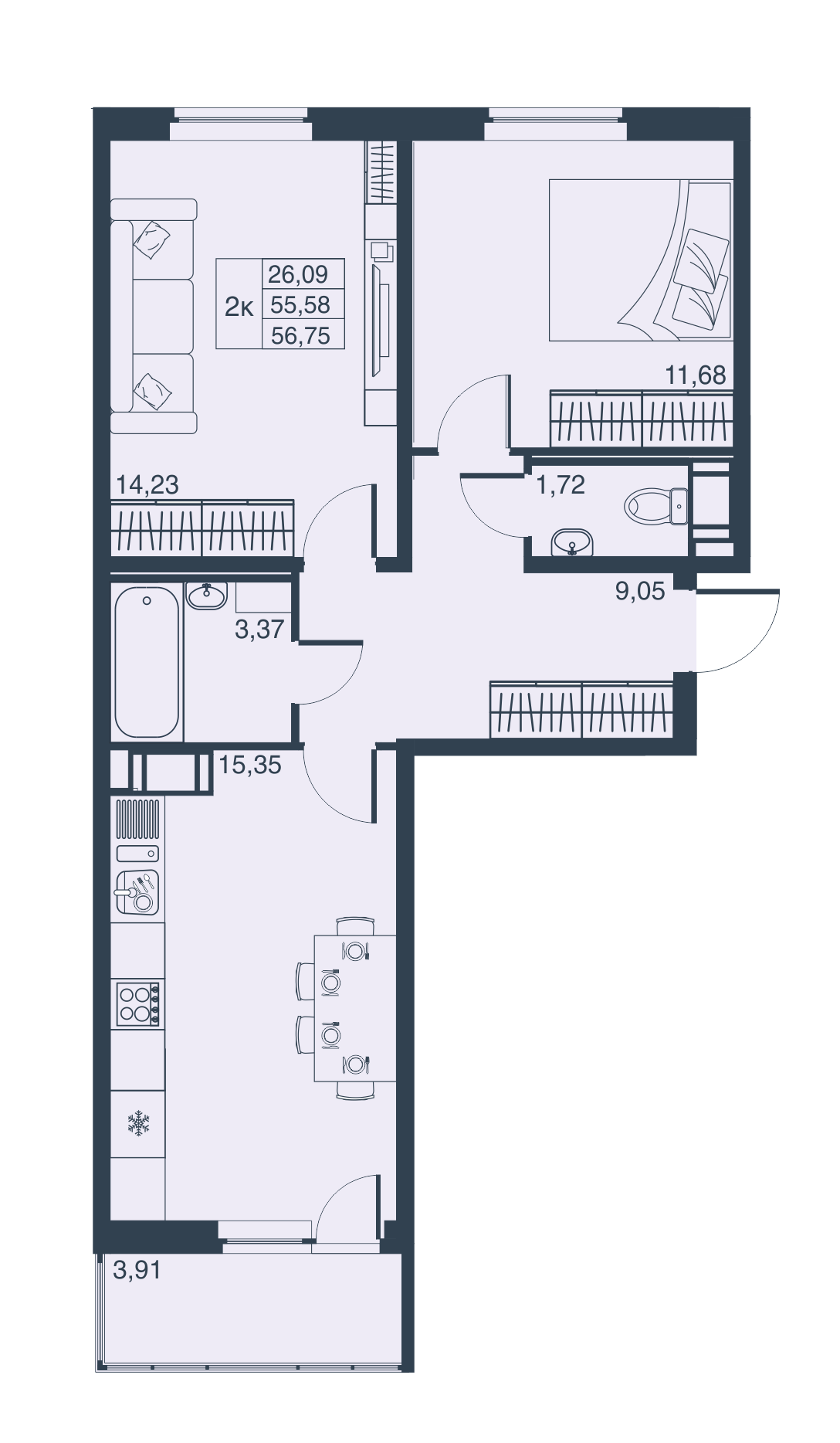 2-комнатная, 56 м² — ЖК ЖК Мурино Парк
