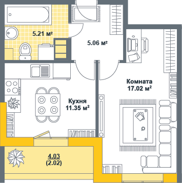 1-комнатная, 41 м² — ЖК ЖК Тихая гавань (Светлый мир)