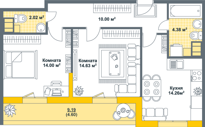 2-комнатная, 64 м² — ЖК ЖК Тихая гавань (Светлый мир)