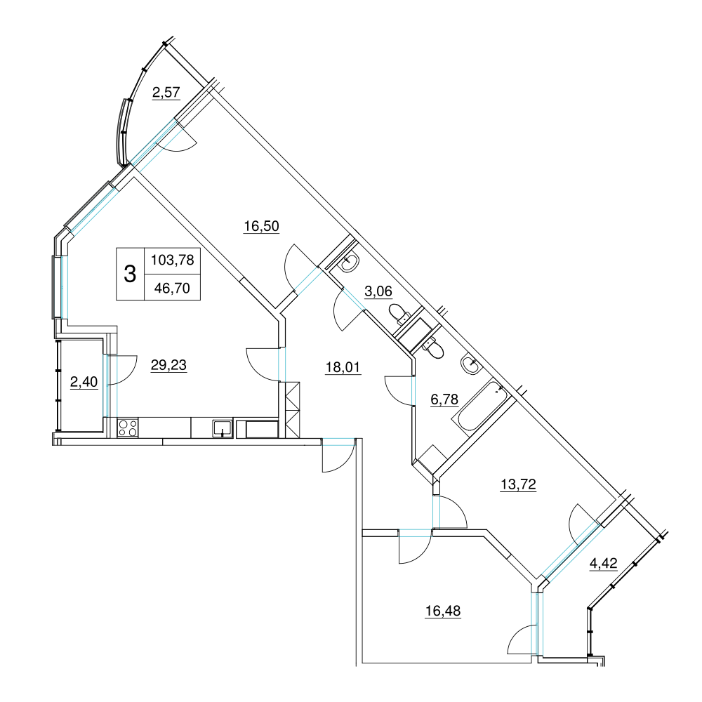 3-комнатная, 108 м² — ЖК ЖК Два Ангела