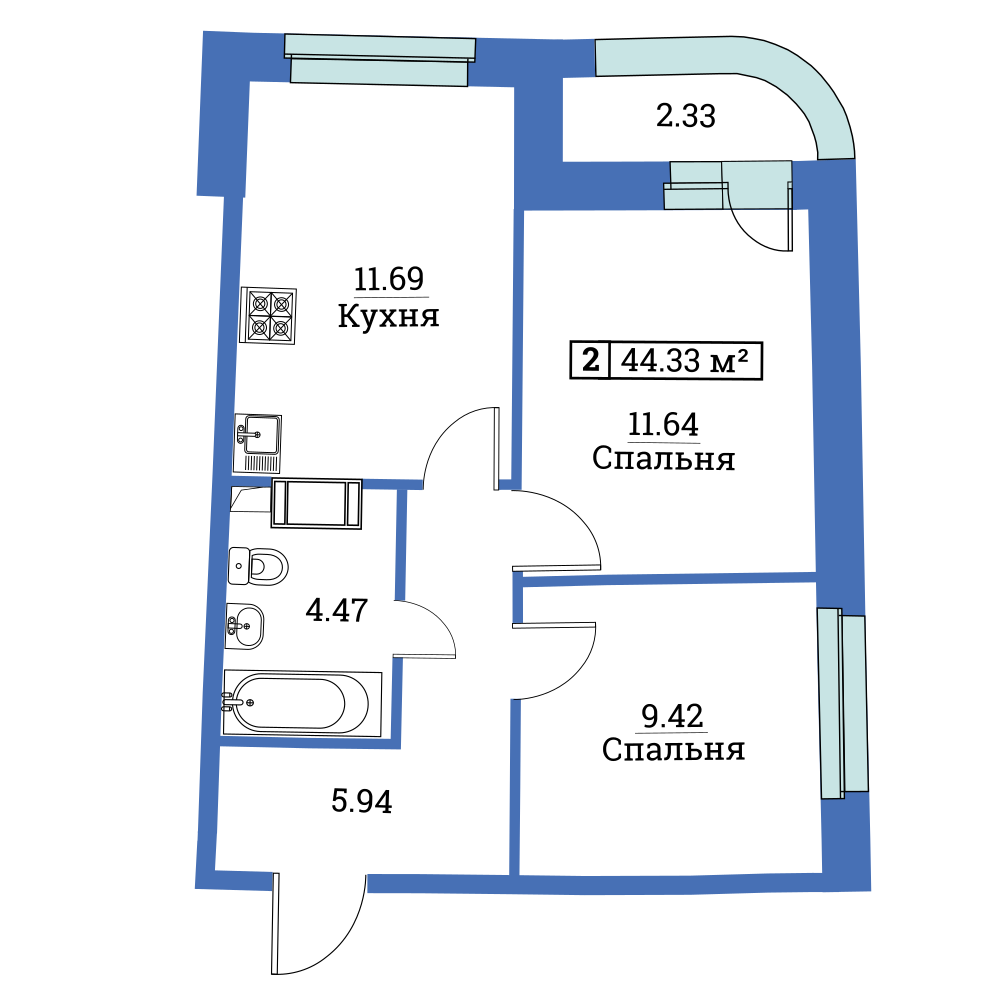 2-комнатная, 44 м² — ЖК ЖК «Авиатор (Aviator)»