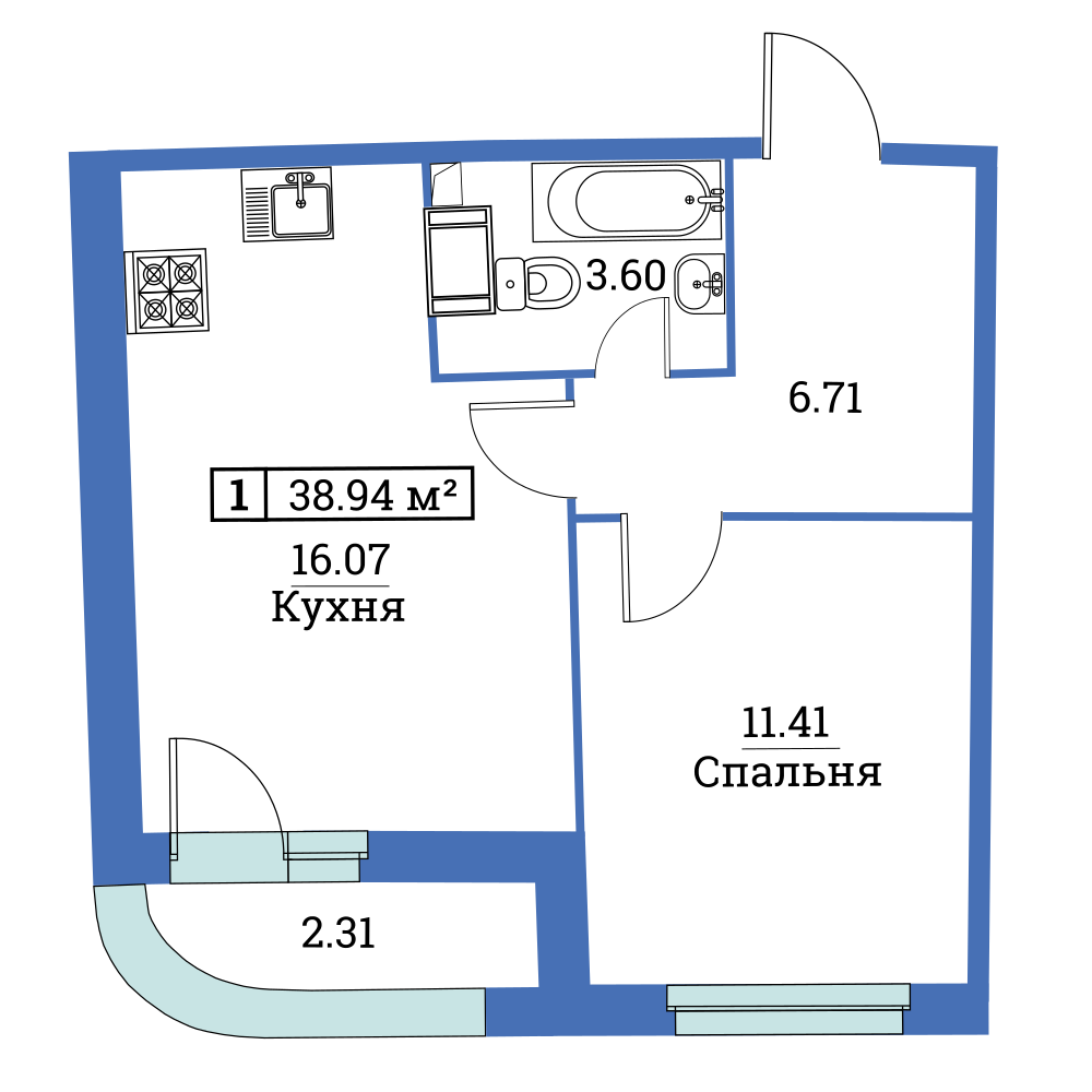 1-комнатная, 39 м² — ЖК ЖК «Авиатор (Aviator)»