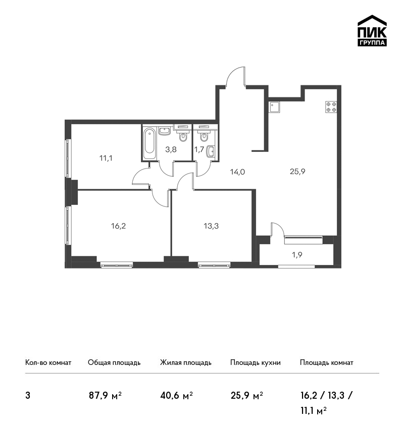 3-комнатная, 88 м² — ЖК ЖК Дальневосточный 15
