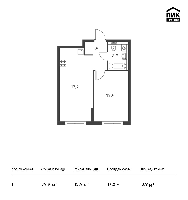 1-комнатная, 40 м² — ЖК ЖК Дальневосточный 15