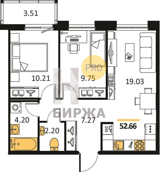 2-комнатная, 53 м² — ЖК ЖК Legenda Героев