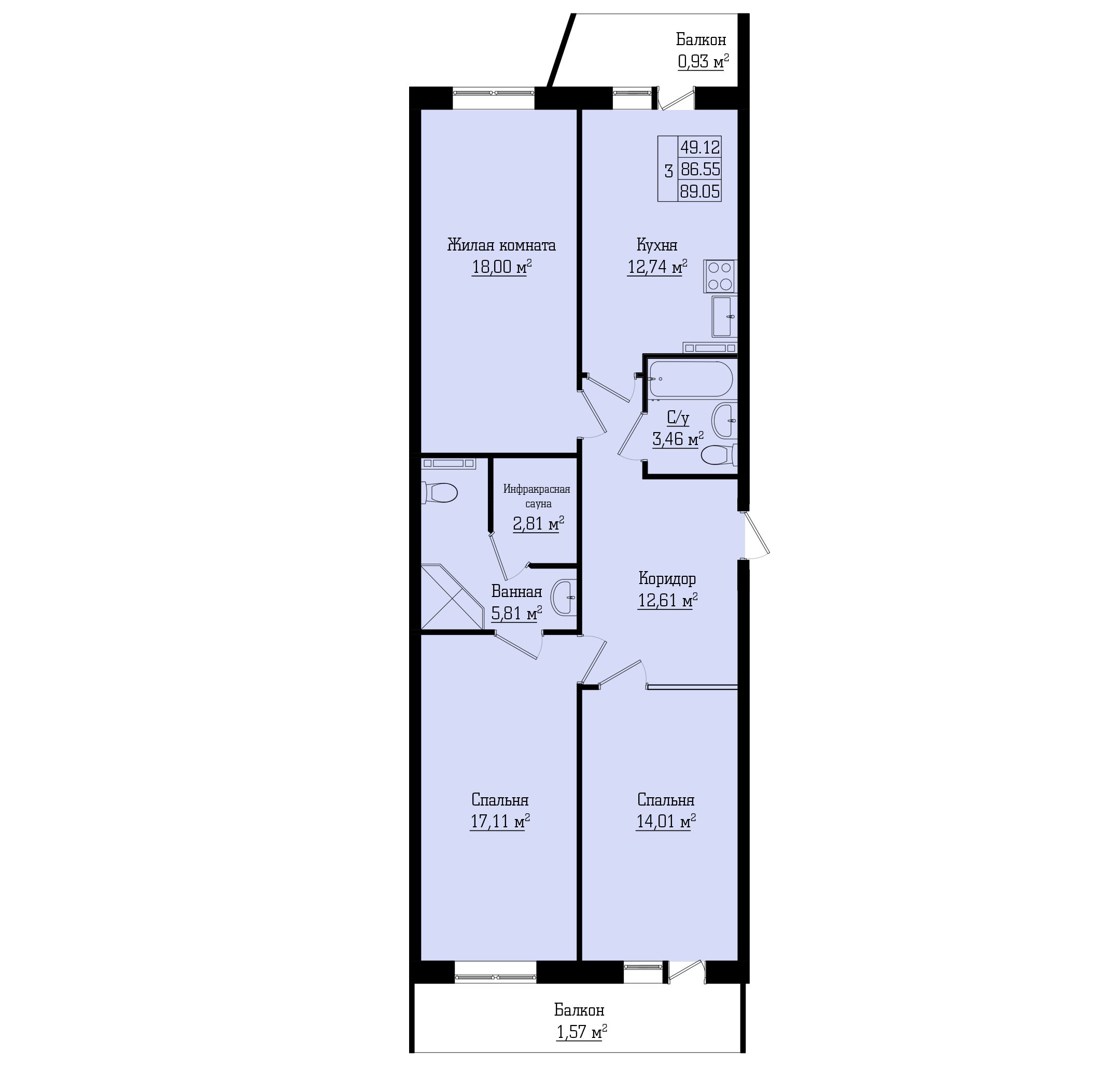 3-комнатная, 89 м² — ЖК Жилой дом на Лабораторном, 23А