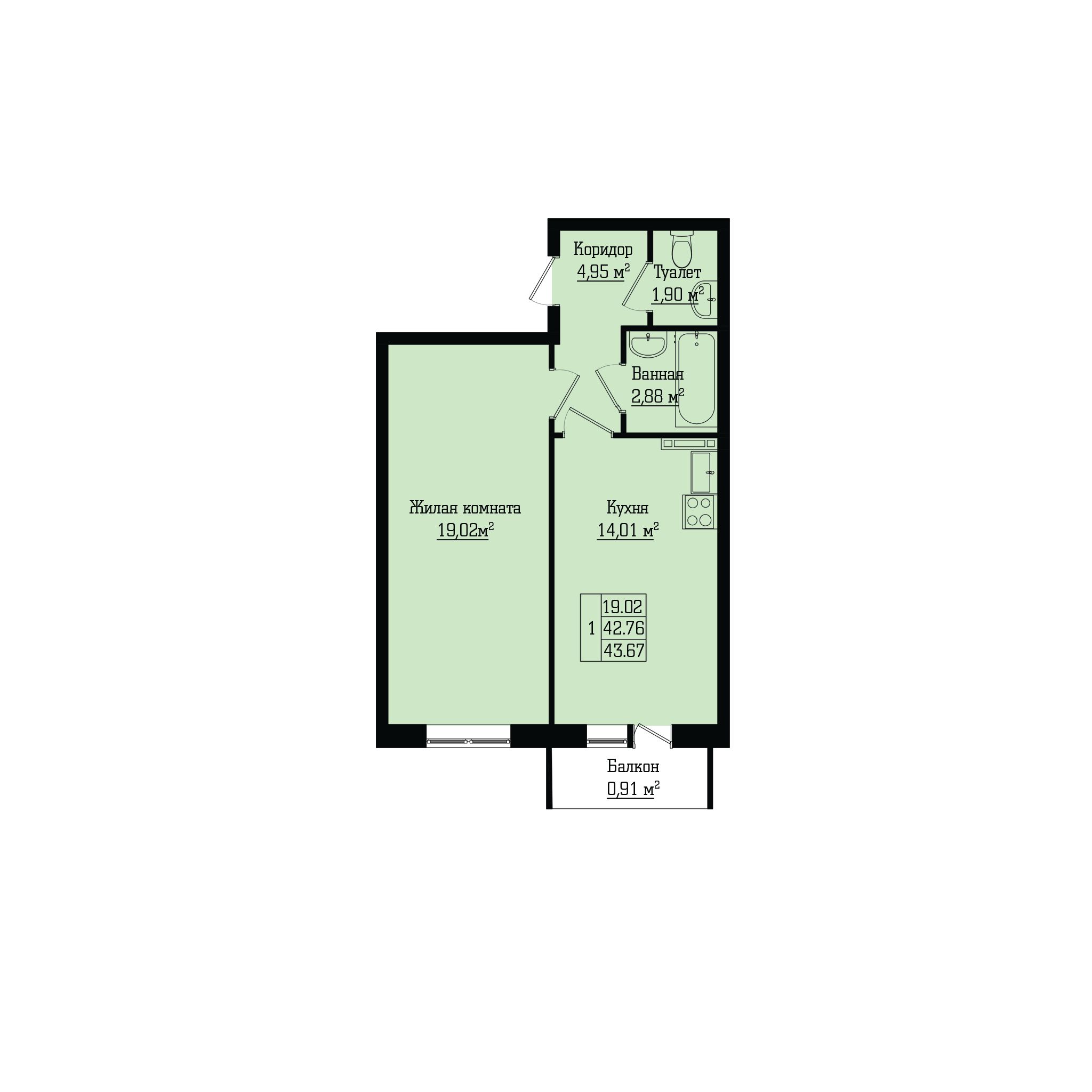 1-комнатная, 44 м² — ЖК Жилой дом на Лабораторном, 23А
