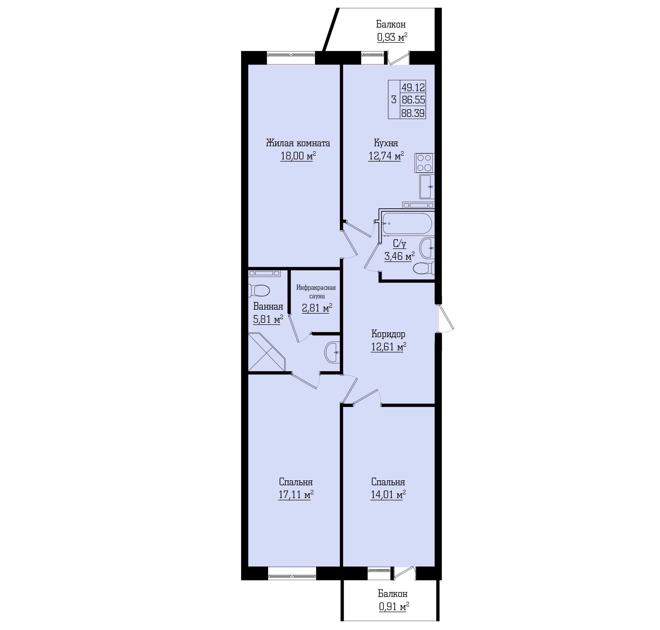 3-комнатная, 88 м² — ЖК Жилой дом на Лабораторном, 23А