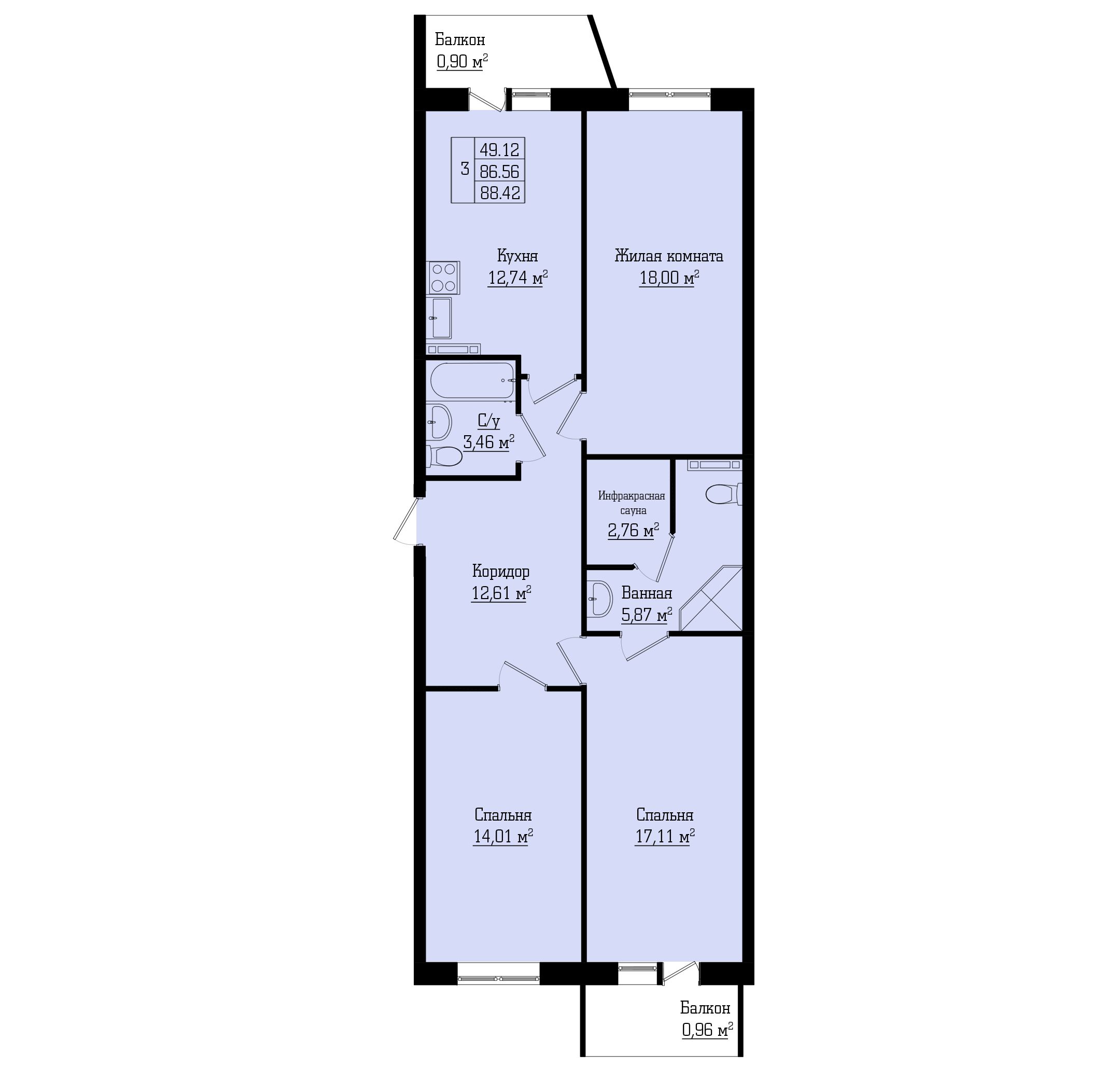 3-комнатная, 88 м² — ЖК Жилой дом на Лабораторном, 23А