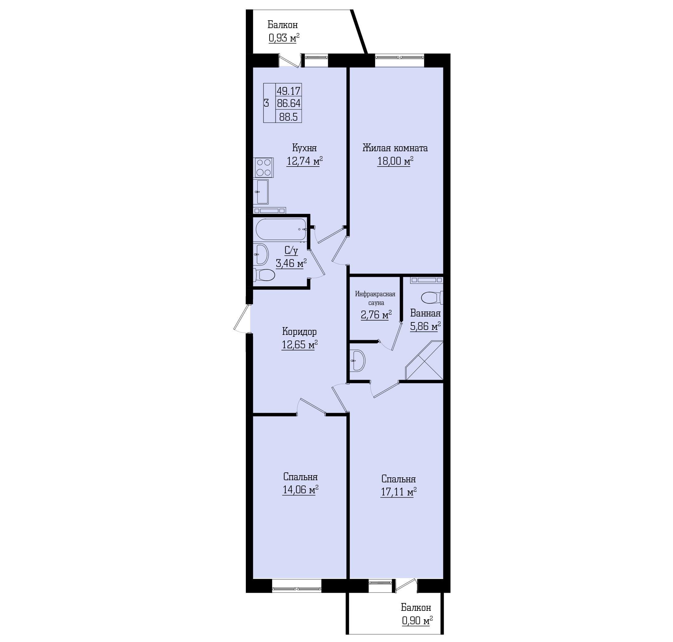 3-комнатная, 89 м² — ЖК Жилой дом на Лабораторном, 23А