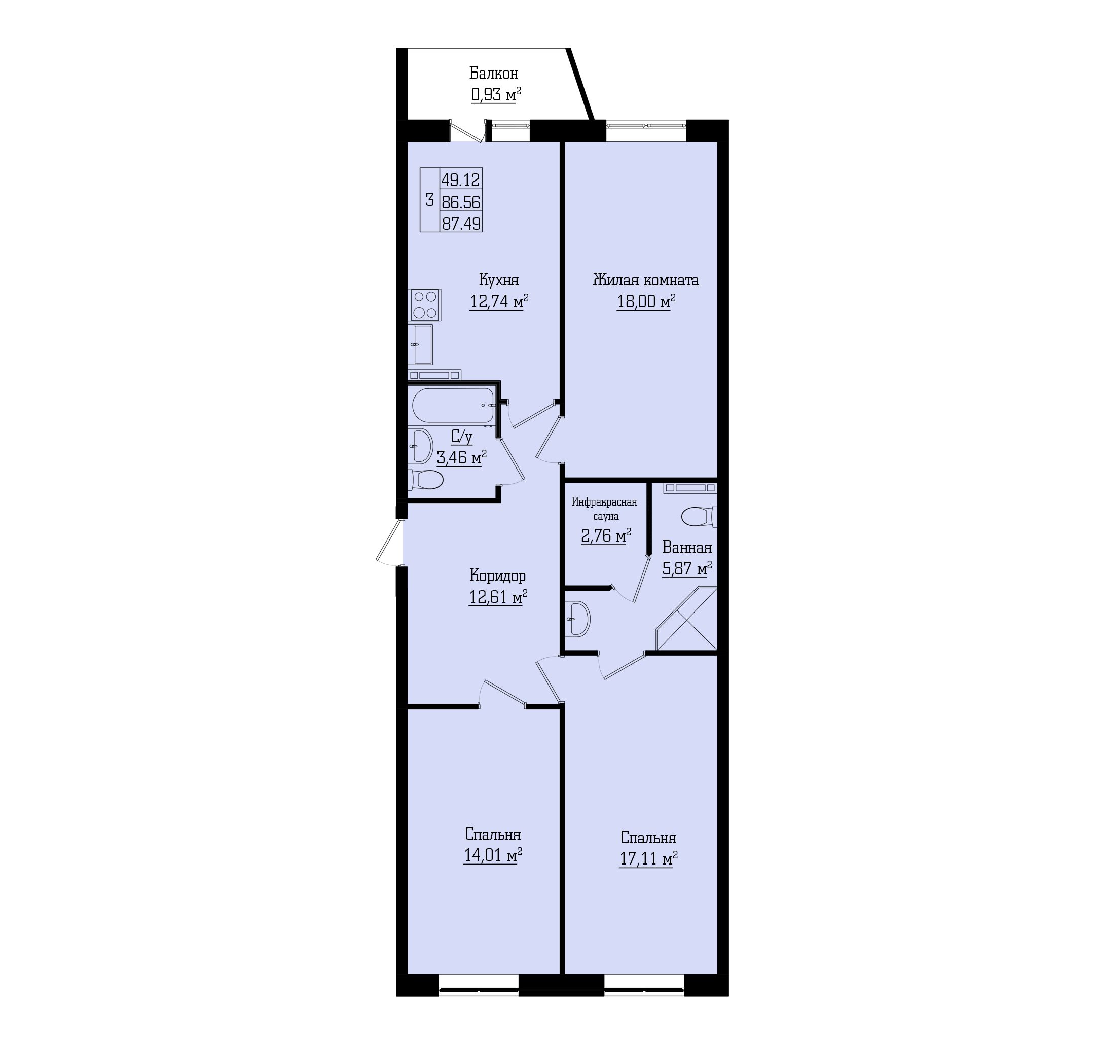 3-комнатная, 87 м² — ЖК Жилой дом на Лабораторном, 23А