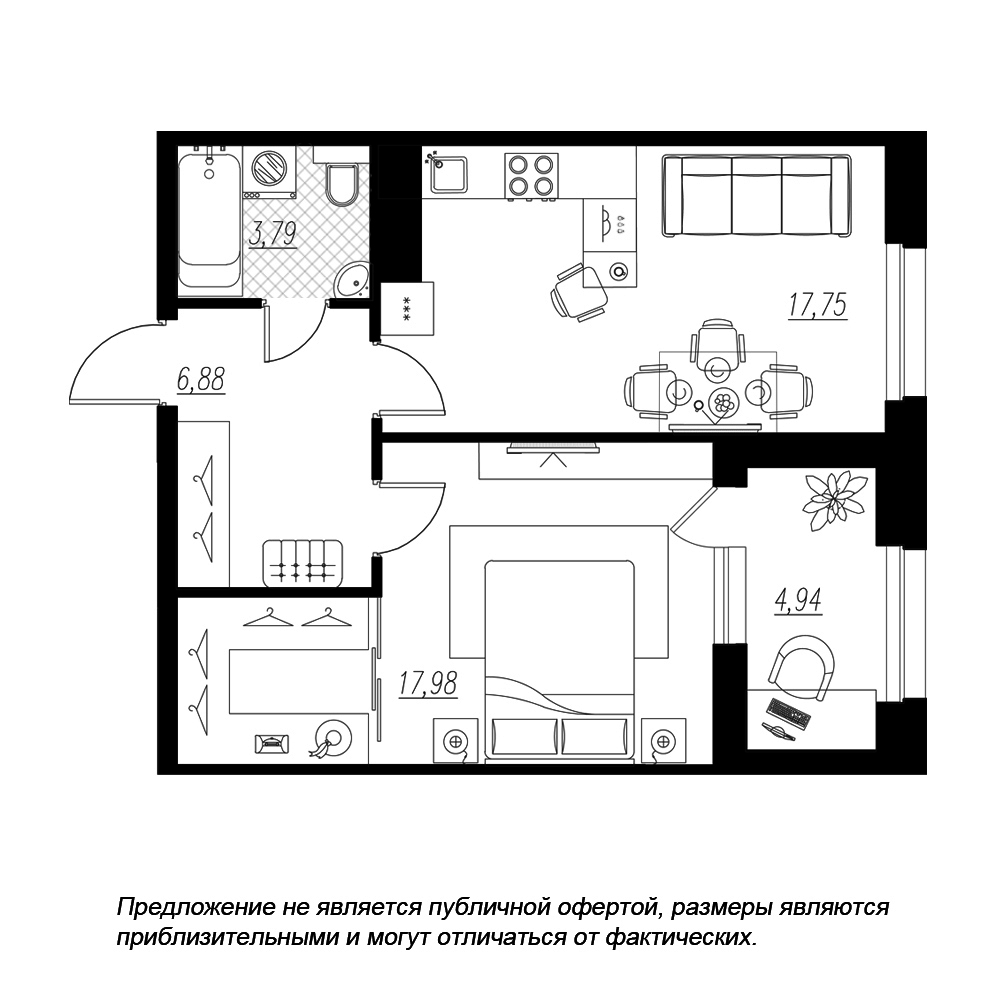 1-комнатная, 49 м² — ЖК ЖК Петровская доминанта