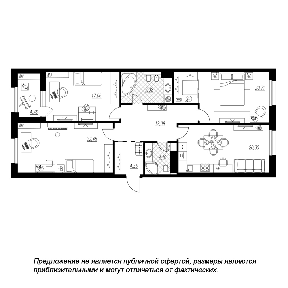 3-комнатная, 111 м² — ЖК ЖК Петровская доминанта