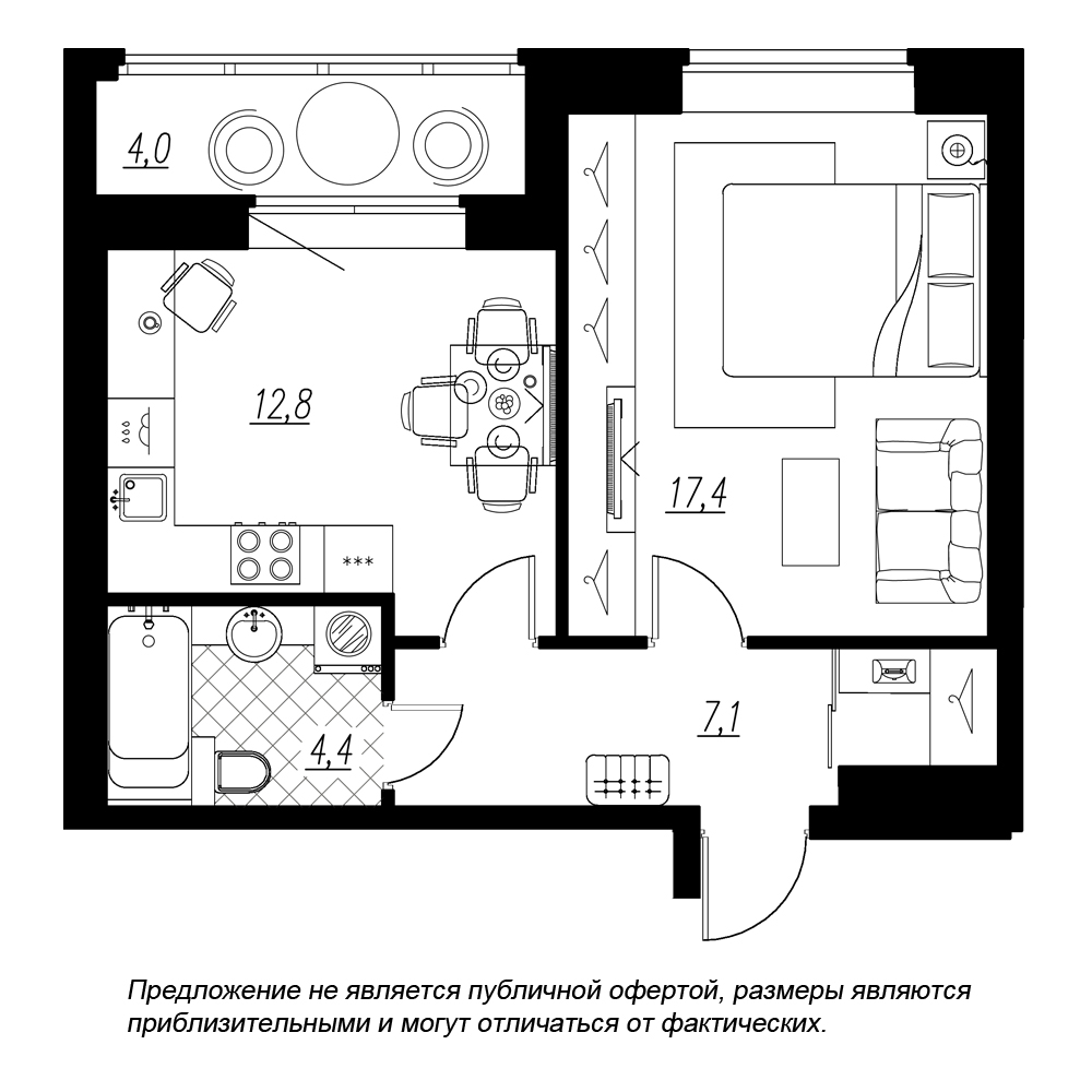 1-комнатная, 44 м² — ЖК ЖК Эталон на Неве