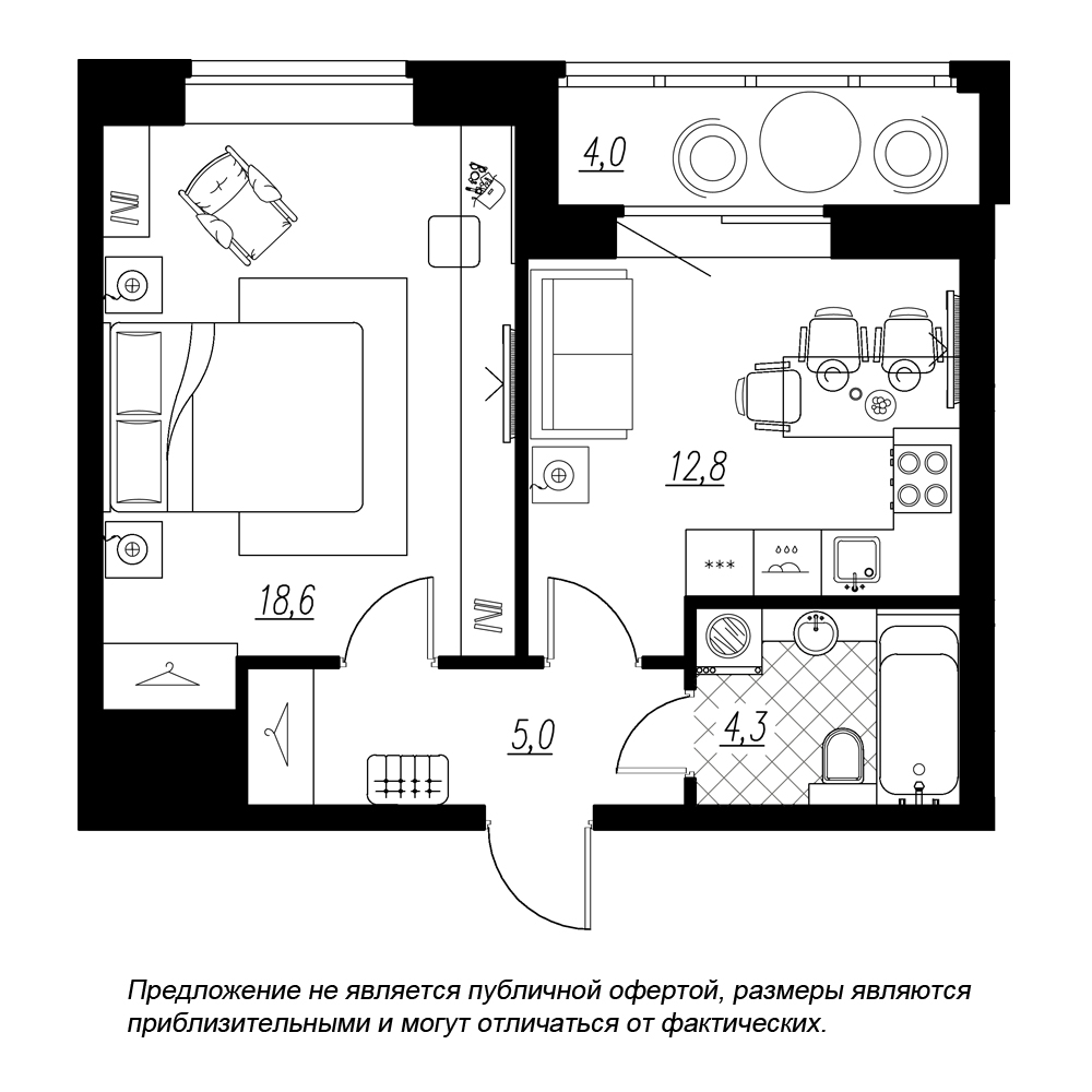 1-комнатная, 43 м² — ЖК ЖК Эталон на Неве