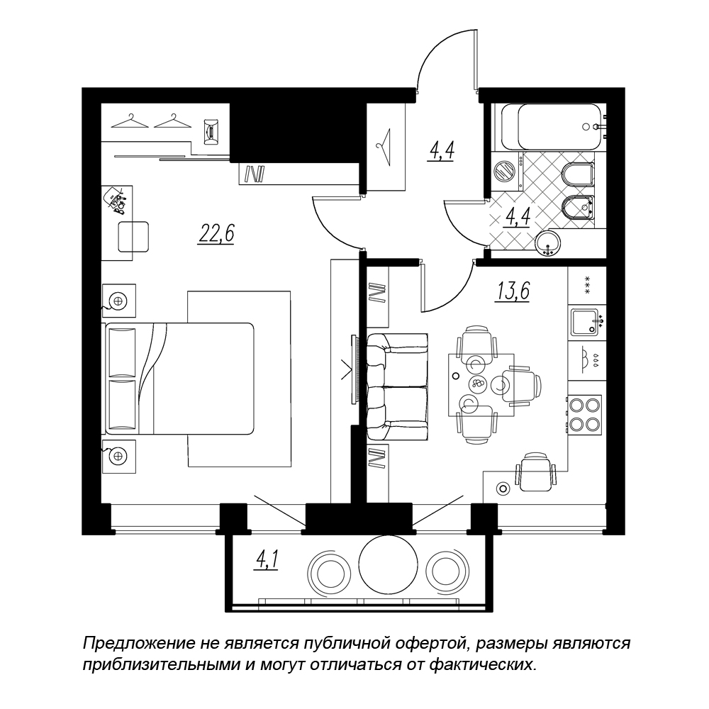 1-комнатная, 46 м² — ЖК ЖК Эталон на Неве