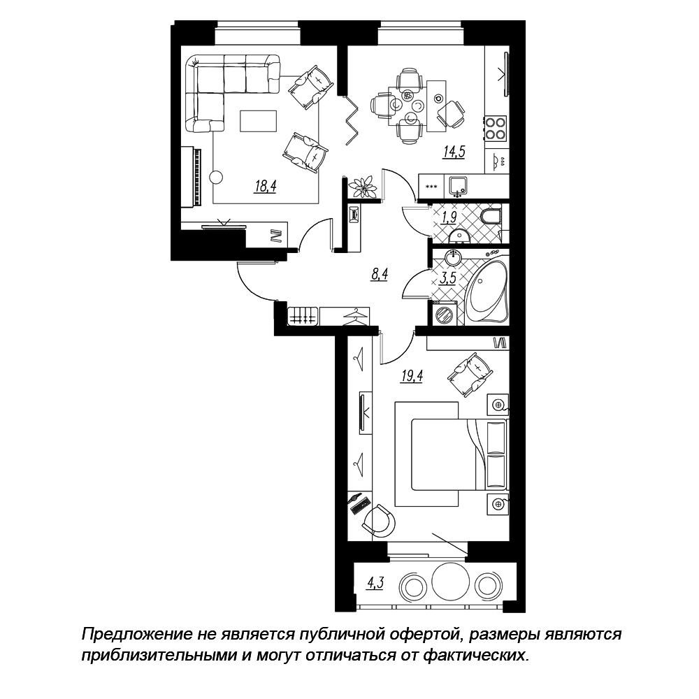 2-комнатная, 68 м² — ЖК ЖК Эталон на Неве