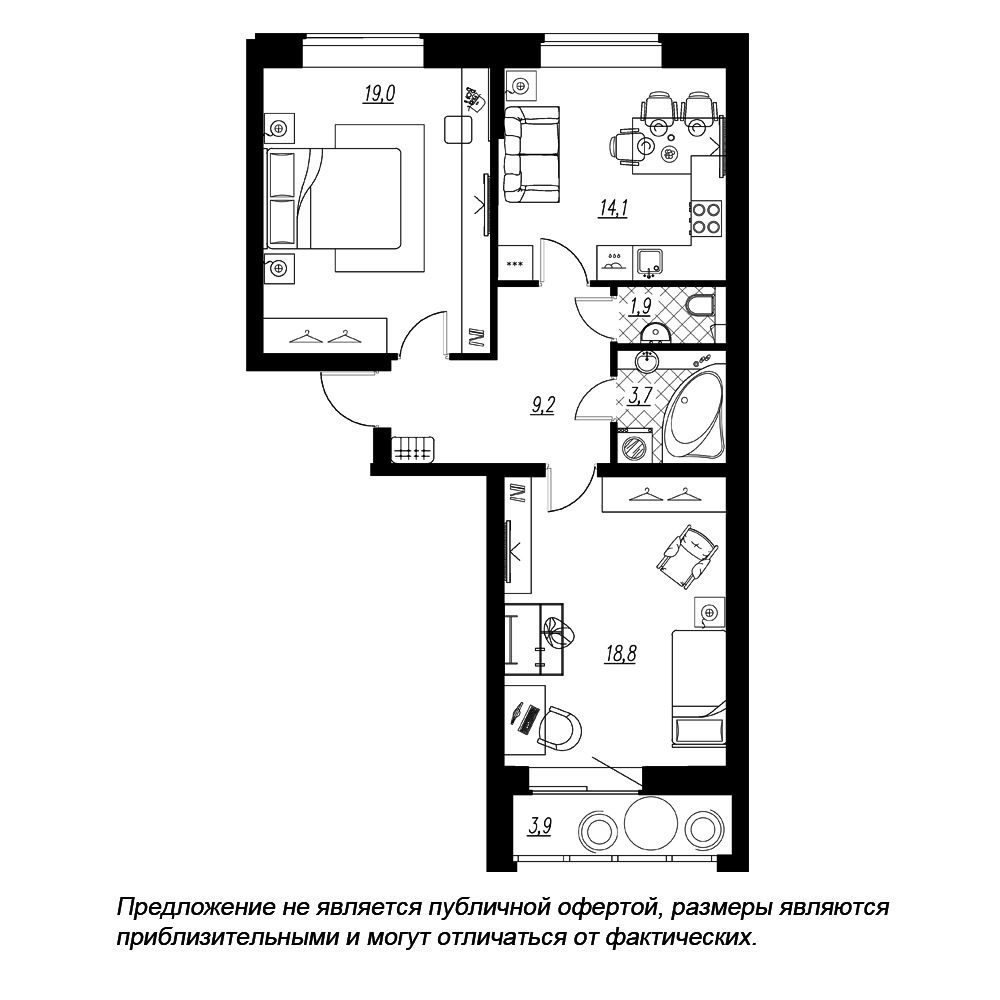 2-комнатная, 69 м² — ЖК ЖК Эталон на Неве