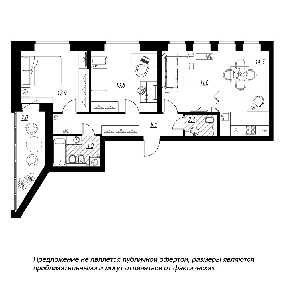 3-комнатная, 73 м² — ЖК ЖК Эталон на Неве