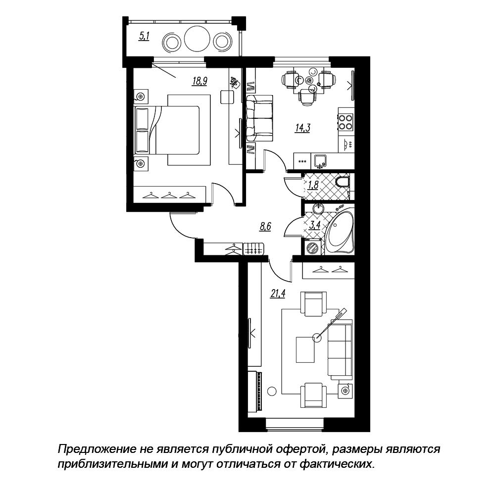 2-комнатная, 70 м² — ЖК ЖК Эталон на Неве