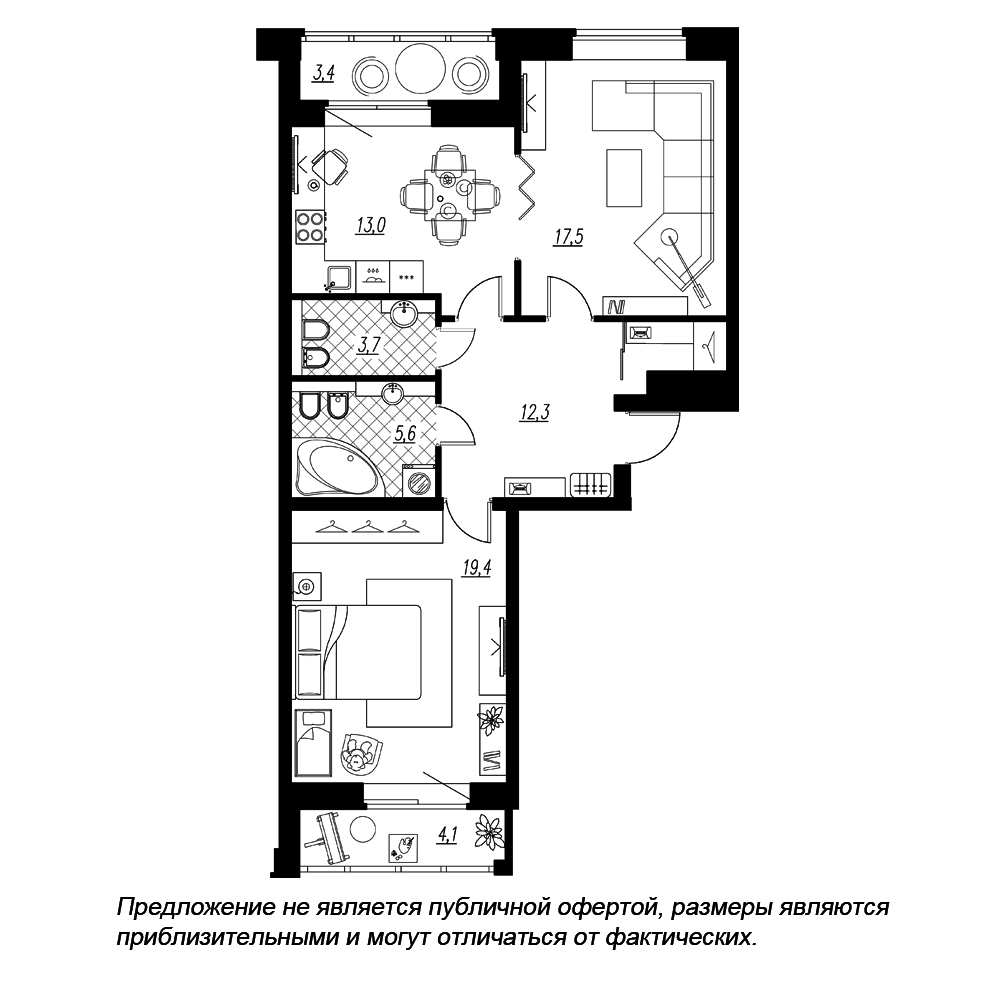 2-комнатная, 75 м² — ЖК ЖК Эталон на Неве