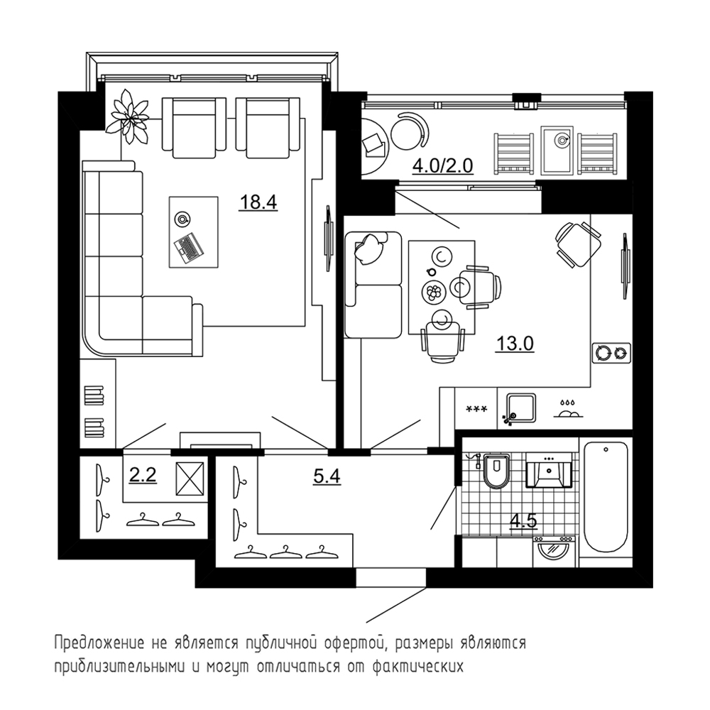 1-комнатная, 46 м² — ЖК ЖК Эталон на Неве