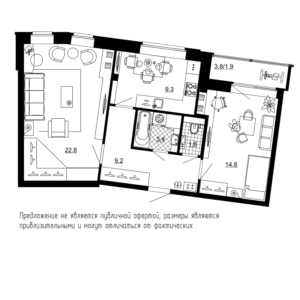 2-комнатная, 63 м² — ЖК ЖК Эталон на Неве