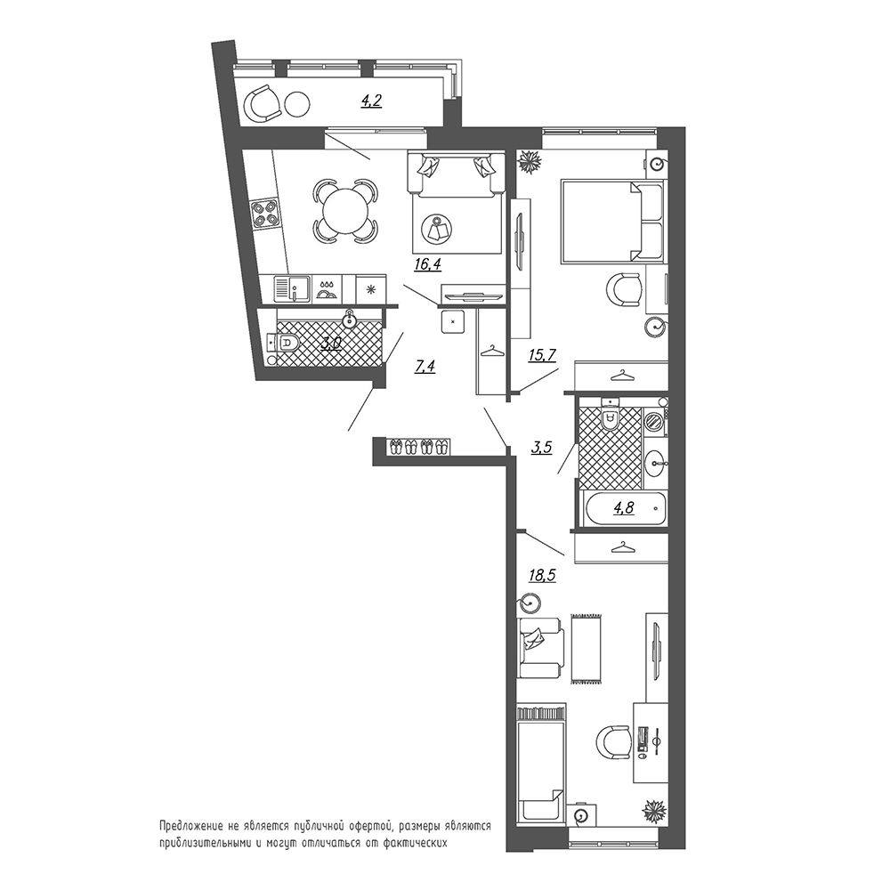 2-комнатная, 71 м² — ЖК ЖК Эталон на Неве