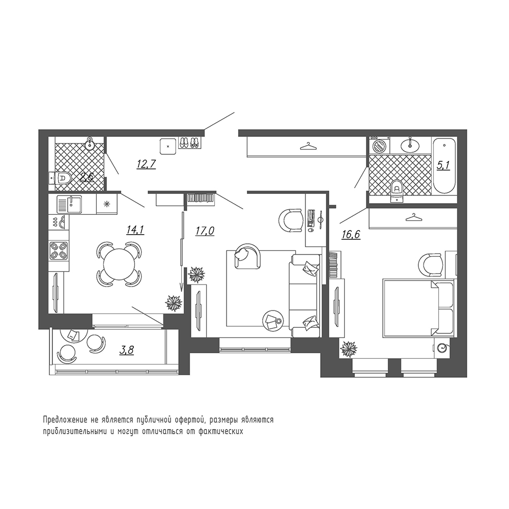 2-комнатная, 70 м² — ЖК ЖК Эталон на Неве