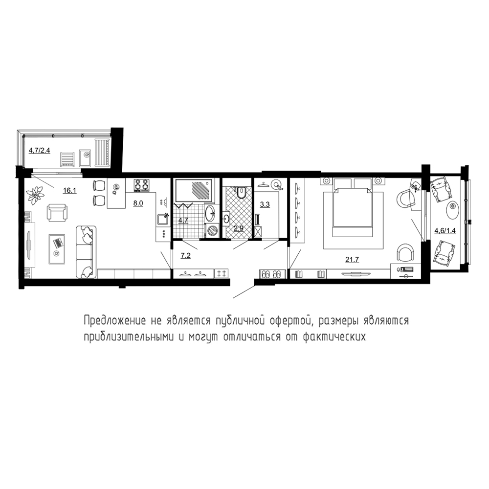 2-комнатная, 68 м² — ЖК ЖК Эталон на Неве