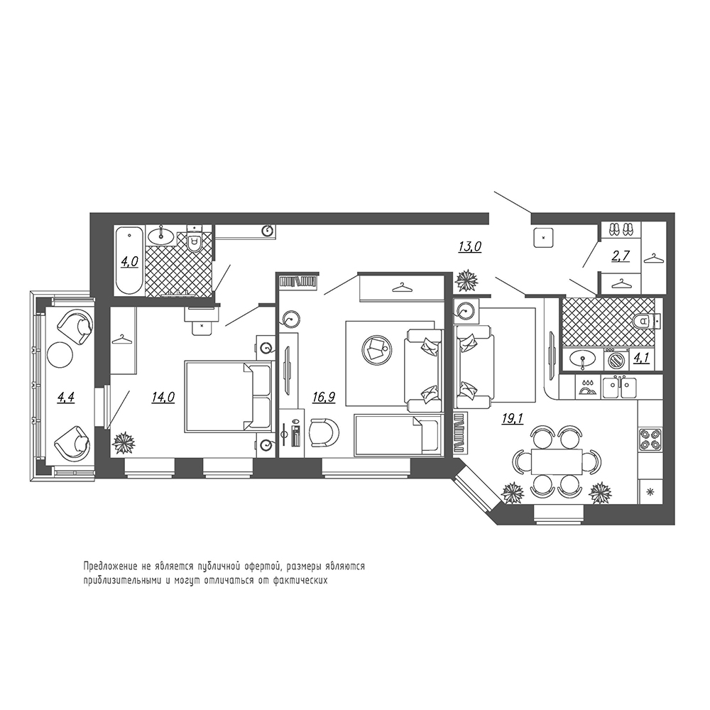 2-комнатная, 75 м² — ЖК ЖК Эталон на Неве